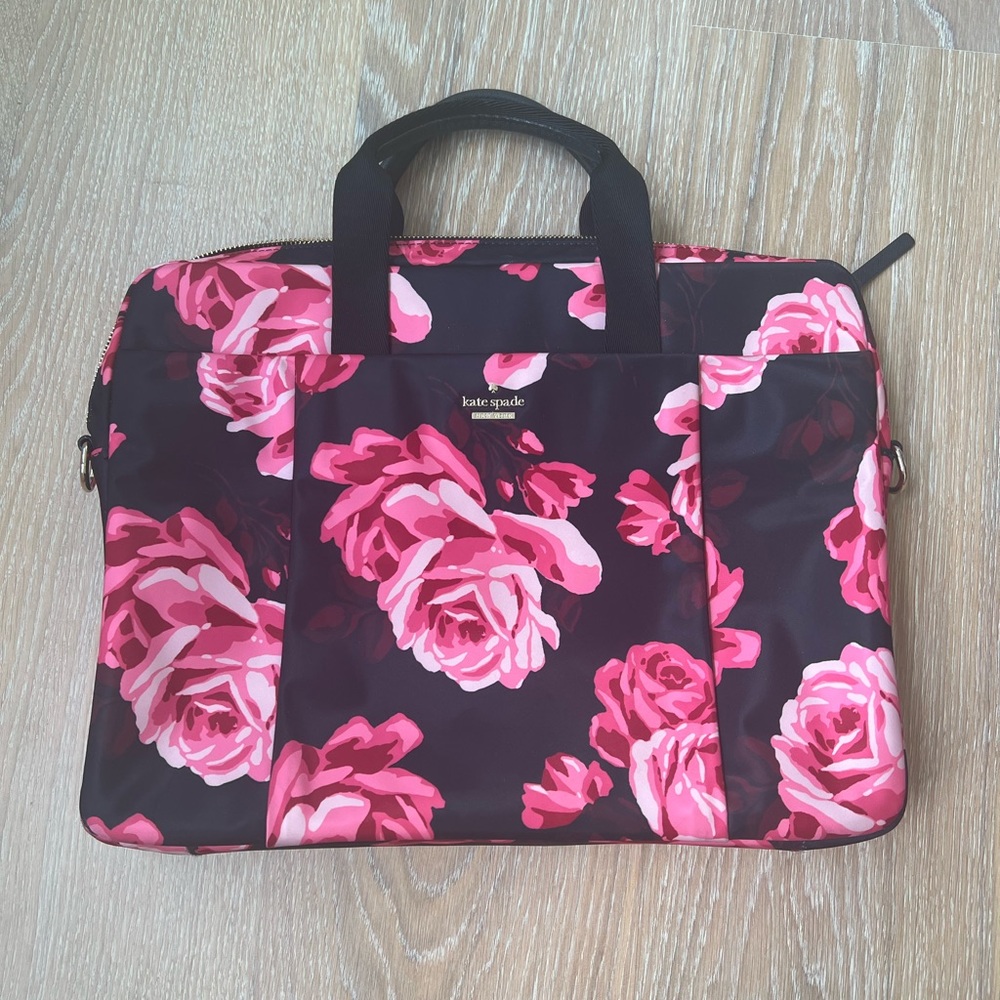 NWT Kate Spade Laptop Carrier Purse Black and Pink Roses